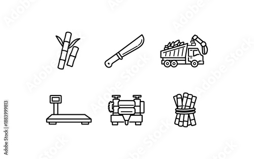Sugarcane harvesting and processing equipment icons in a clean line art style
