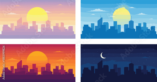 City skyline landscape vector set with sunrise sunset daytime and night urban backgrounds illustration isolated