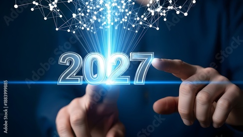 Futuristic display showcasing the year 2027 with glowing digital effects