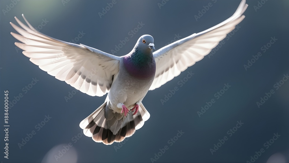 Fototapeta premium A white dove with wings fully spread is captured mid-air, glowing softly in the light