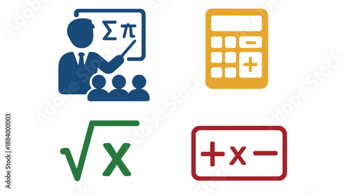 A colorful illustration of mathematical symbols and education icons on a white background
