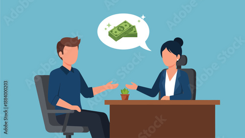 An illustration shows a man and a woman across a desk in an office meeting, with a thought bubble above the woman's head revealing a stack of money, suggesting a financial discussion or negotiation