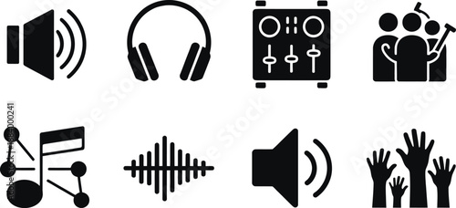 A collection of black icons representing music and sound on a white background