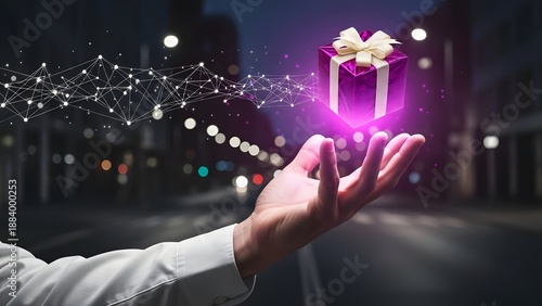 Hand holding glowing gift box with sparkling magic lights in urban setting