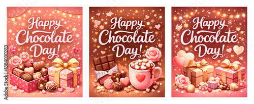 Happy chocolate day, three festive cards, colorful bright set, cozy warm collection, traced vector cliparts