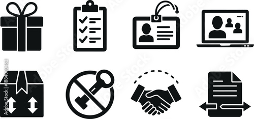 A collection of black and white business icons on a white background