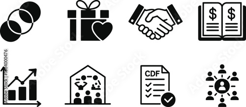 A collection of black and white business icons on a white background