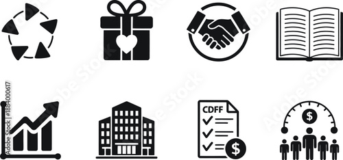 A collection of business and finance icons on a white background