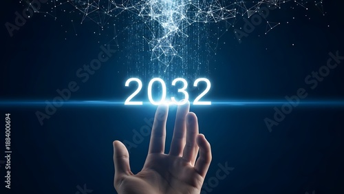 Hand reaching towards the futuristic digital display of the year 2032 against a cosmic background