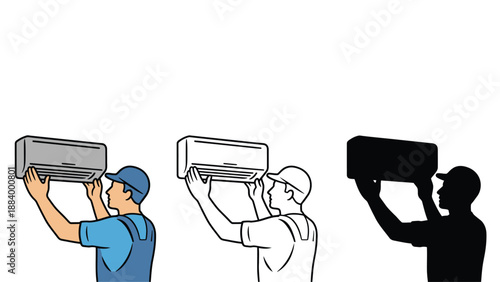 An illustration of a man installing an air conditioner in different styles