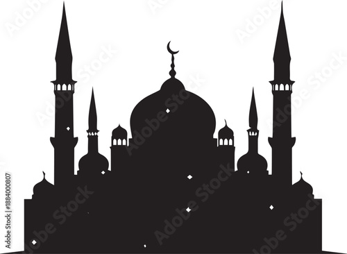 Grand mosque vector illustration with minarets and domes against transparent background