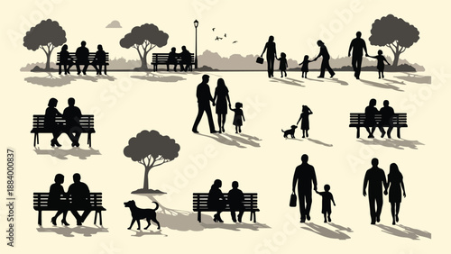 Park life silhouettes: families and pets in a peaceful setting
