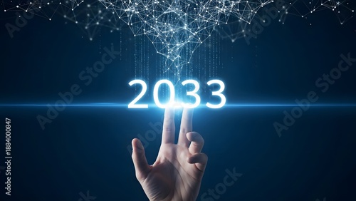 Hand touching futuristic glowing numbers 2033 against a dark cosmic background