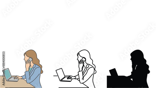 A woman works on her laptop while talking on the phone in different styles