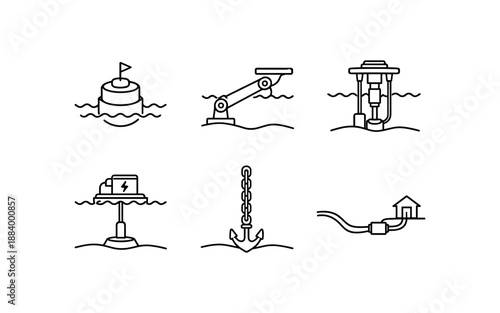Collection of marine technology and renewable energy icons in a clean line art style