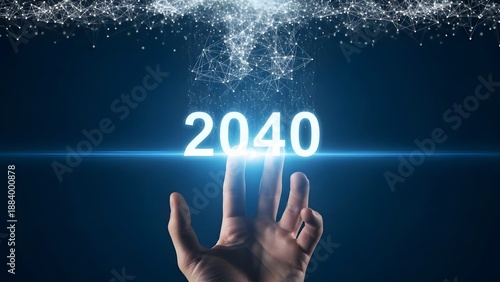 Hand reaching towards the glowing futuristic 2040 text under a starry sky