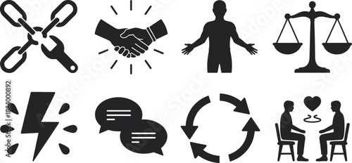 A collection of black and white icons representing business and communication concepts