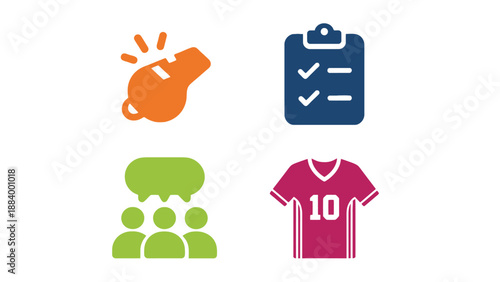 A colorful illustration of business and sports icons on a white background