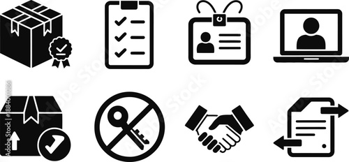 A collection of black and white icons representing business and security concepts