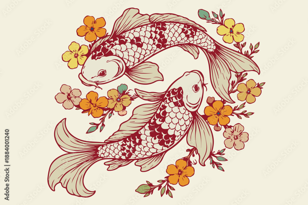 Obraz premium A symbolic vector icon of two koi fish surrounded by flowers and leaves represents harmony, balance, prosperity, and peace, blending natural beauty with elegant meaning in a refined visual design.