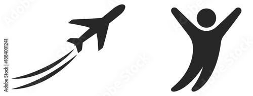 Simple graphic icon set featuring an airplane taking off and a happy person for travel and freedom concepts