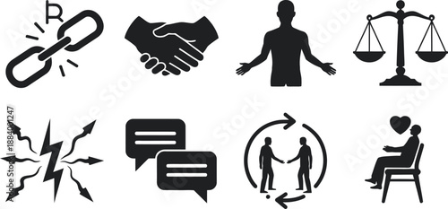 A collection of black and white icons representing various social and legal concepts