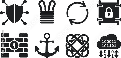 A collection of black security icons on a white background