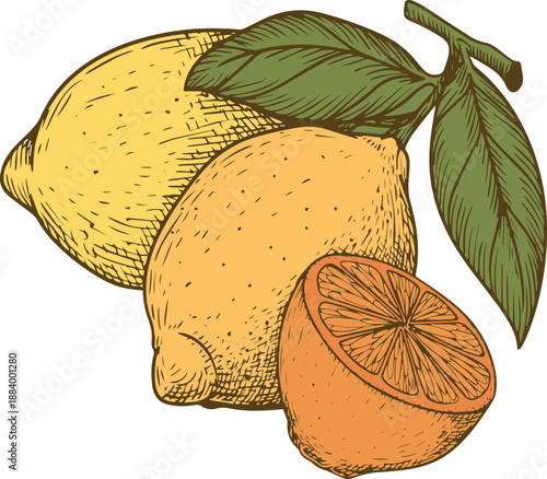 Vintage illustration of fresh citrus fruits: lemons, limes, and an orange with a green leaf
