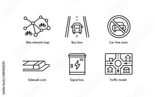 Collection of urban planning and transportation icons for city infrastructure design
