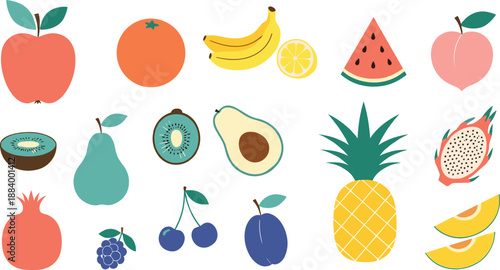 Colorful flat fruit illustration set with apple, banana, watermelon, pineapple, avocado and tropical food vector icons