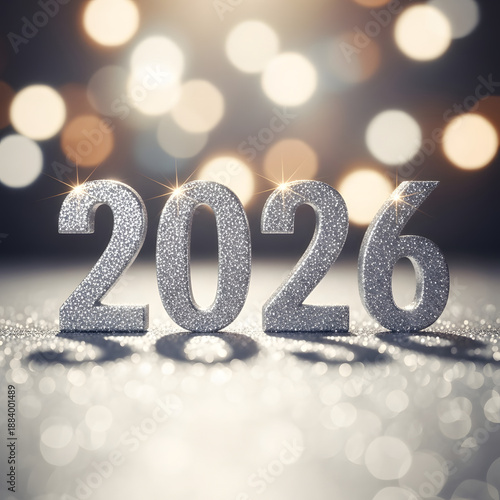 Silver 2026 New Year celebration on sparkly surface with blurred lights