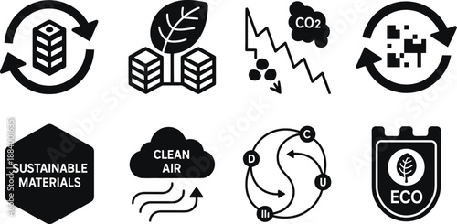 A collection of eco-friendly icons representing sustainable materials and clean air
