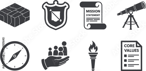 A collection of business strategy icons on a white background