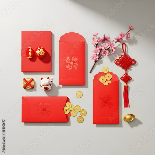 Celebratory red envelopes with coins and decorations for Lunar New Year