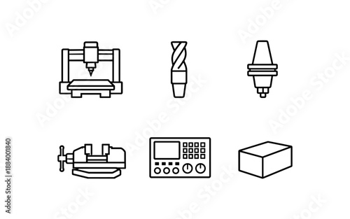 Set of icons representing CNC machining tools and equipment for manufacturing