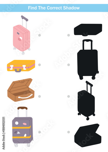 Educational matching game for kids: find the correct shadow. Colourful suitcases and bags with black silhouettes. Fun learning activity for children, preschool worksheets, logic and visual perception.