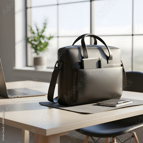 Leather briefcase on office desk with laptop and plant
