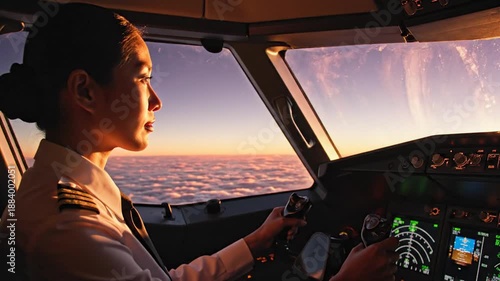 Experienced female captain confidently navigating her modern aircraft's flight deck, guiding passengers through a beautiful golden hour journey above the clouds