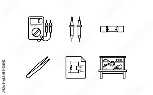 Set of electronic tools and components icons for circuit design and repair