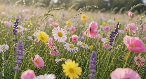Vibrant Nature Flowers Meadow Background with Wild Blooms for Wellness and Serenity