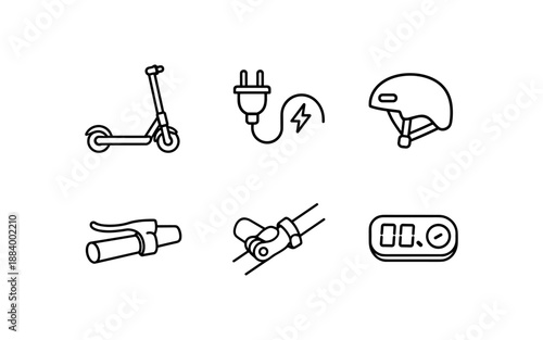 Collection of line art icons representing electric scooter components and accessories