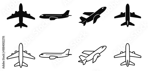 Minimalist airplane icon set featuring both solid and line art aircraft designs in different perspectives for travel, aviation, and global transport