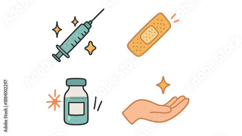 Medical icons including syringe, band aid, vaccine bottle, and hand