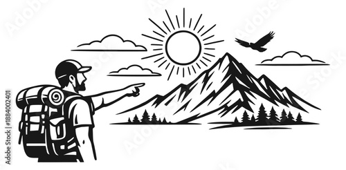 Monochrome line art illustration of a hiker pointing at a mountain landscape for outdoor adventure and nature exploration