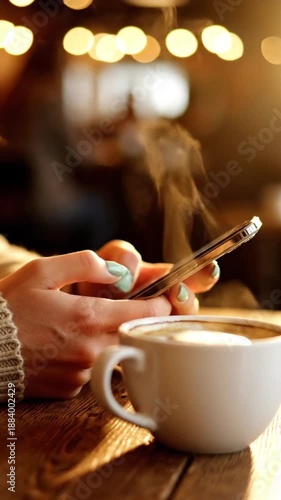 Hands holding a smartphone beside a steaming coffee cup on a wooden table. Cozy cafe with blurred bokeh lights. Modern digital connection, tranquil break