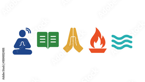 Diverse symbols representing spirituality, knowledge, prayer, fire, and water in a harmonious row.