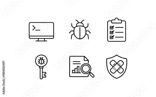 Set of icons representing cybersecurity, bug fixing, and data analysis concepts