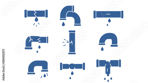 A collection of blue pipe icons with water leaks on a white background