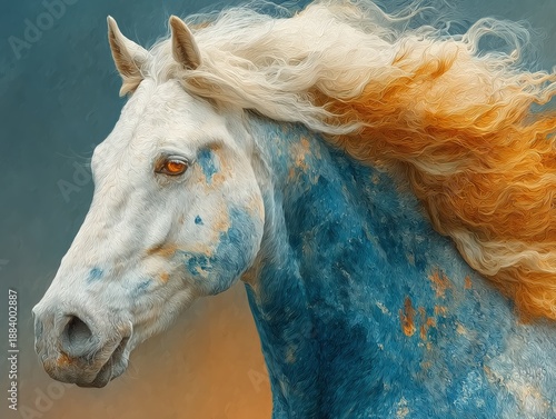 Majestic Fantasy Horse Digital Painting: Glowing Golden Eyes with Multicolor Flowing Mane and Sapphire Satin Body on Gradient Background