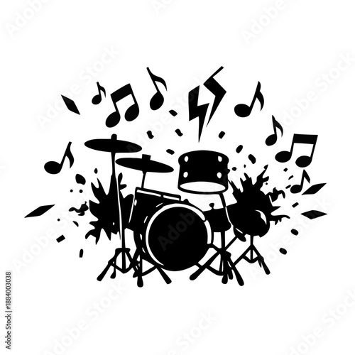 drum kit exploding into colorful notes icon silhouette illustration for music and percussion design